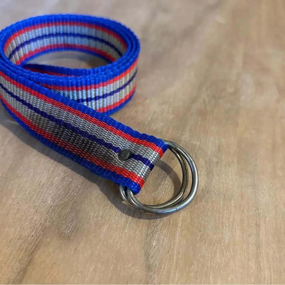 Vintage Kids Striped Blue/Red/Tan/Purple Woven Canvas D-Ring Buckle Belt 33x1